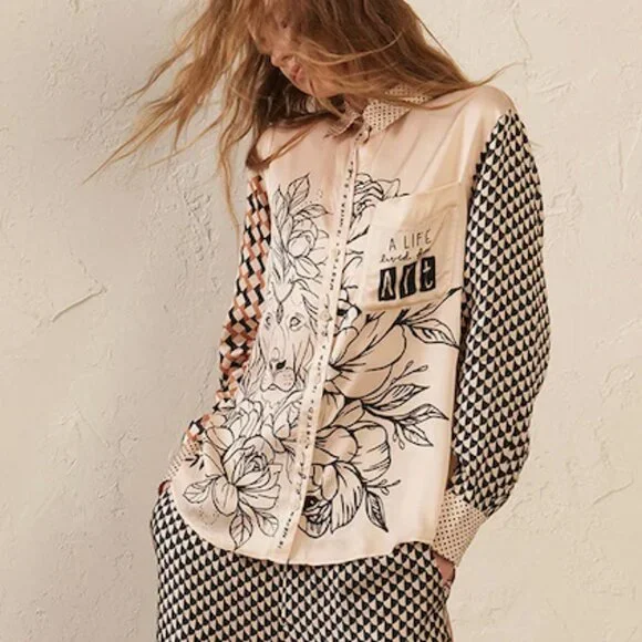 ME369 Scarlett Mystic Print Button Down Shirt Mixed Pattern Blouse NWT Size S - Picture 1 of 4